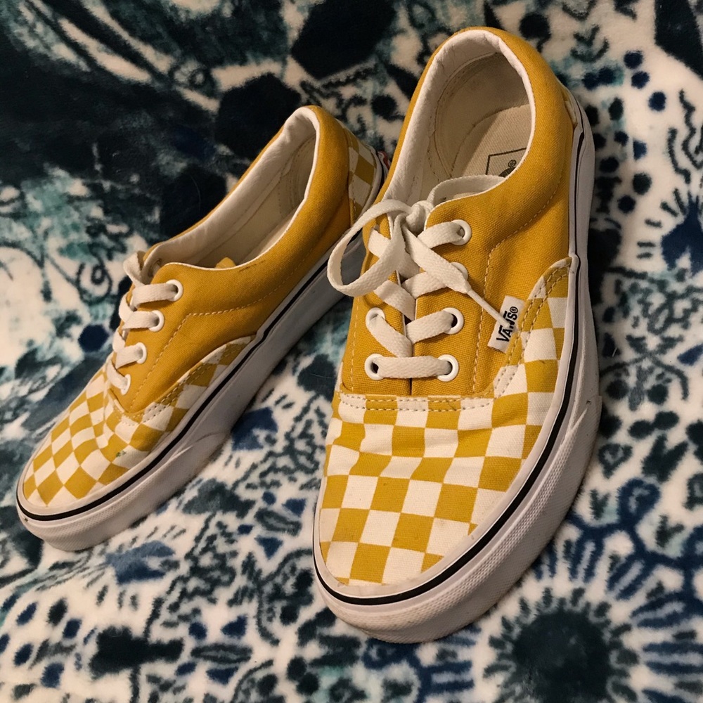 WORN ONCE VANS~yellow-white checkered lace up vans